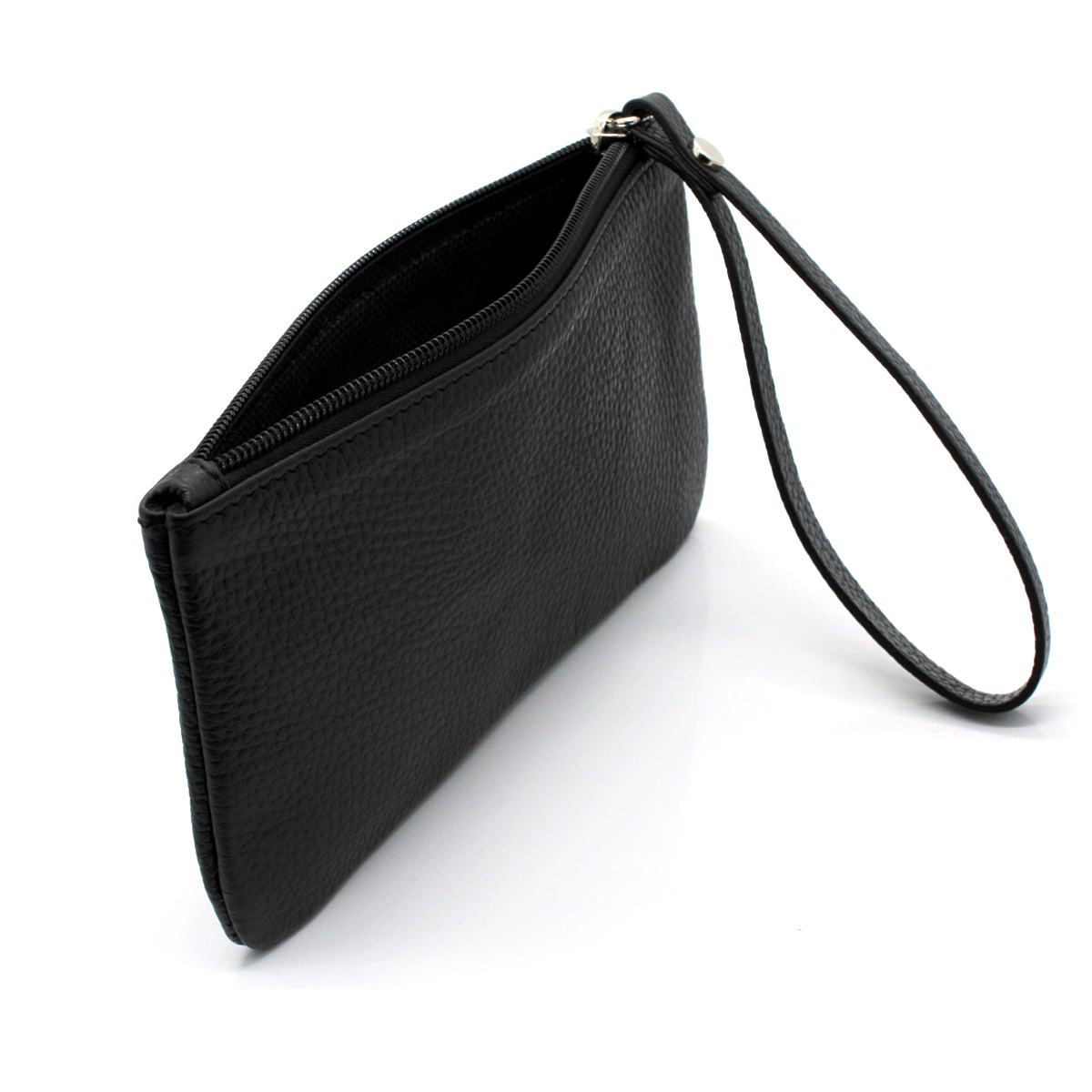 Pochette Unisex in Vera Pelle Nera Borsello con Manico da Polso